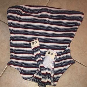 Light blue, red, white strapless body suit